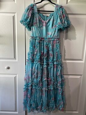 Ivy City Co. Layla Whimsical Ruffle Blue Floral Tiered Dress